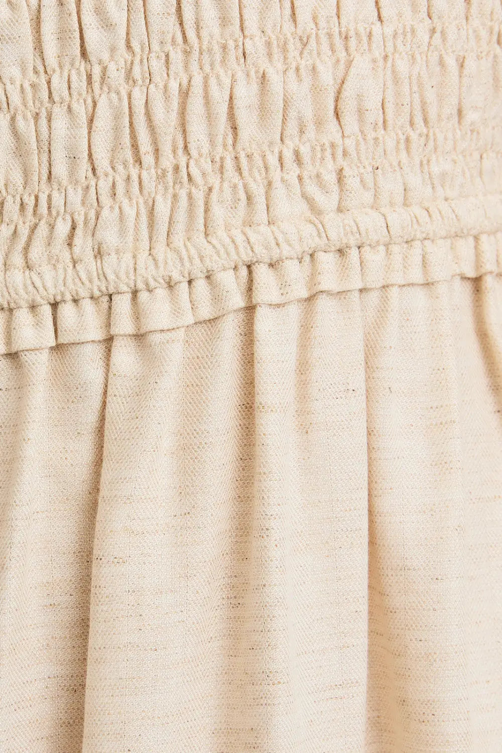 Beige fabric with shirred elastic detail on ruffle sleeve midi dress for elegant style