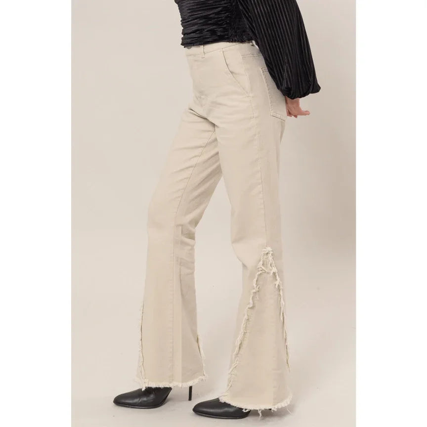 Beige Washed Twill Distressed Flare Pants for women’s boho chic clothing from Shop Daisy