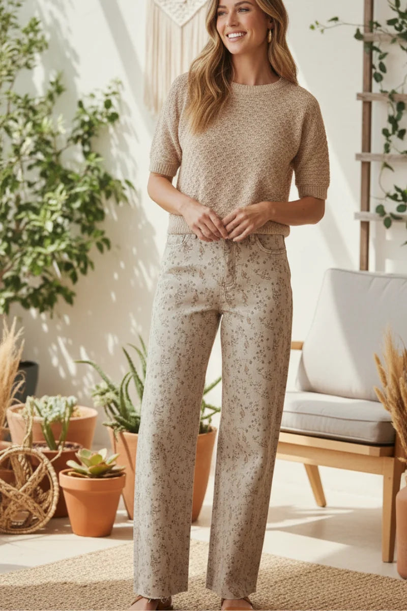 Beige floral print stretched wide-leg pants with relaxed fit