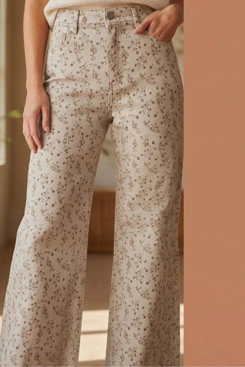 Beige floral print stretched wide-leg pants with high waist and belt loops