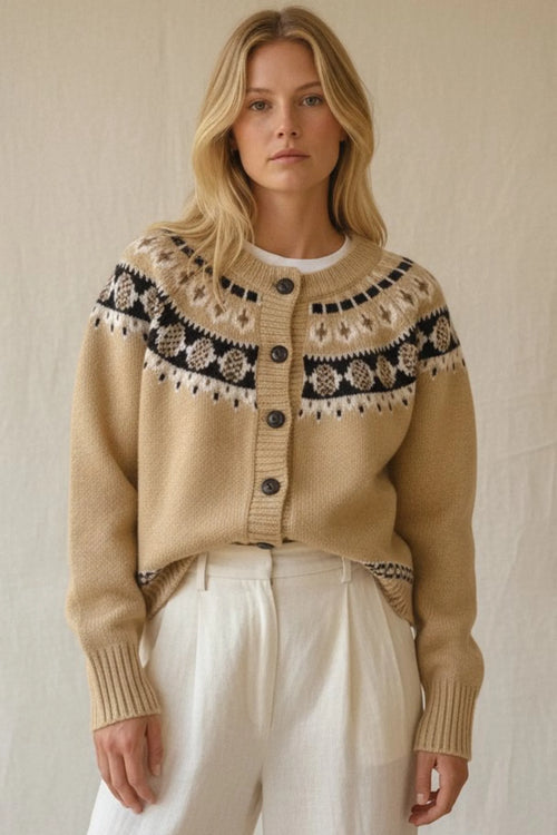 Fair Isle pattern sweater cardigan in beige with geometric designs