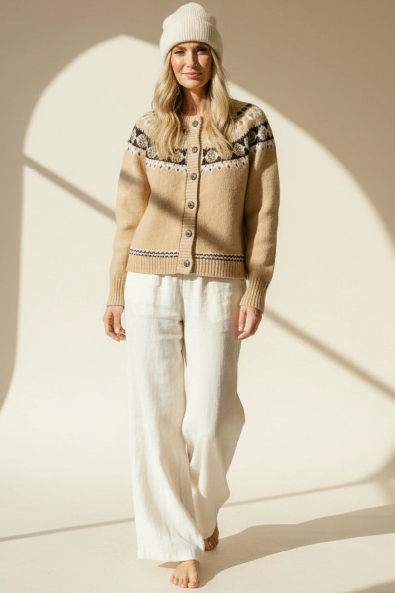 Beige Fair Isle sweater cardigan with Nordic yoke and hem pattern