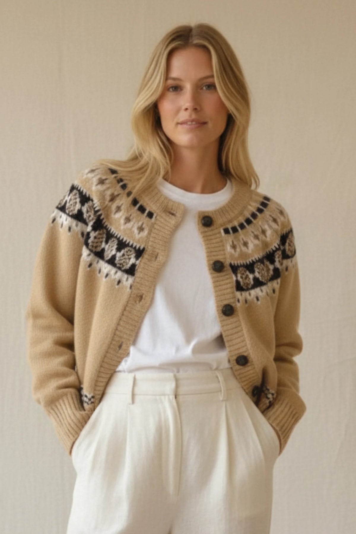 Fair Isle pattern sweater cardigan in beige knit with geometric details