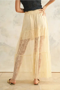 Beige lace maxi skirt from Shop Daisy, ideal for women’s boho chic clothing styles