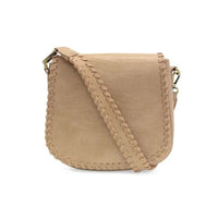 Beige vegan leather crossbody bag with braided trim and adjustable shoulder strap