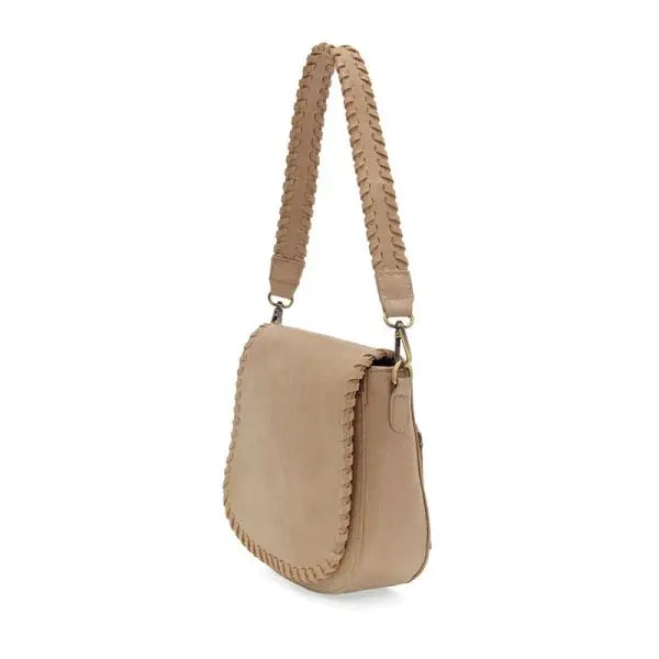Beige vegan leather shoulder bag with a crossbody strap from ANNIE Whipstitch Saddle collection