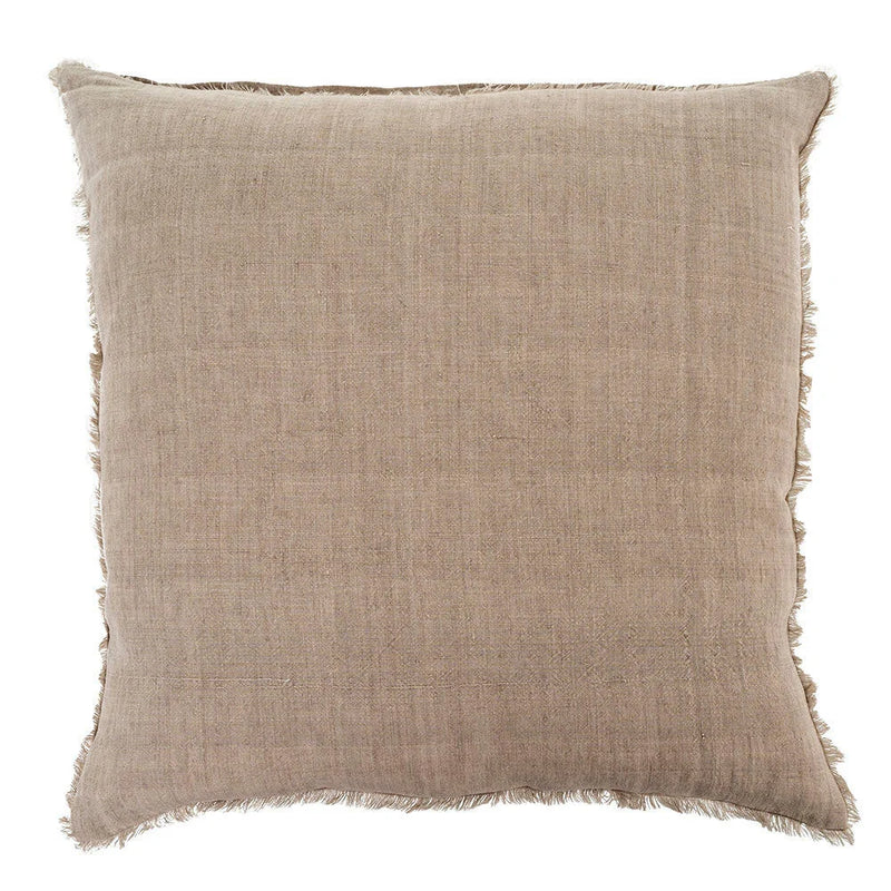 Beige linen throw pillow with frayed edges perfect for a boho free spirit aesthetic