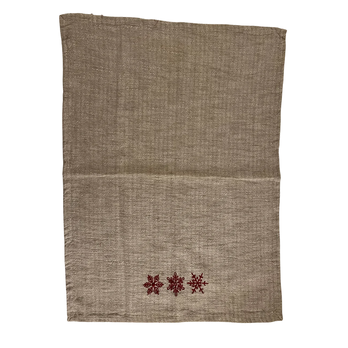 Beige linen tea towel with red embroidered snowflakes for women’s boho chic decor