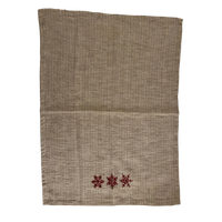 Beige linen tea towel with red embroidered snowflakes for women’s boho chic decor