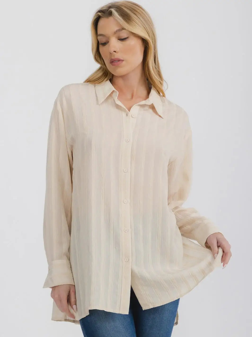 Beige long sleeve button-up shirt featuring a classic striped pattern in soft rayon blend