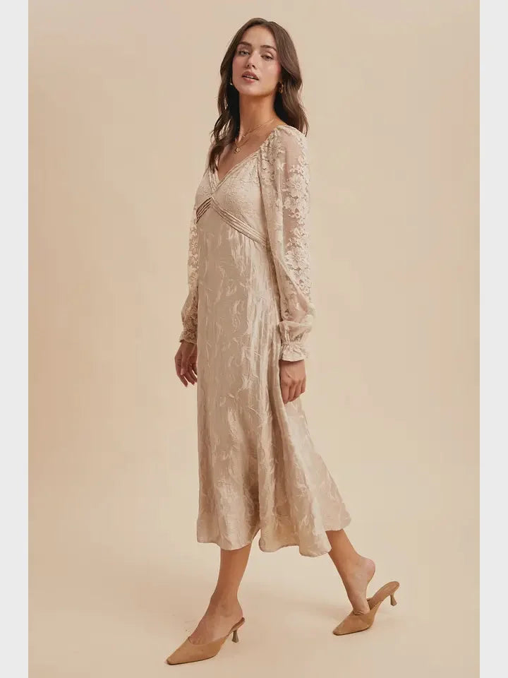 Beige long-sleeved lace jacquard maxi dress with delicate embroidery for elegant occasions