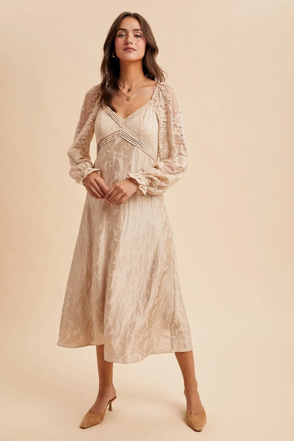 Beige lace jacquard maxi dress with textured floral print and lace trim
