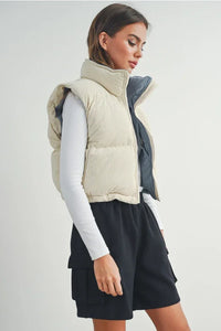 Fall Adoreme corduroy puffer vest in beige navy reversible quilted design
