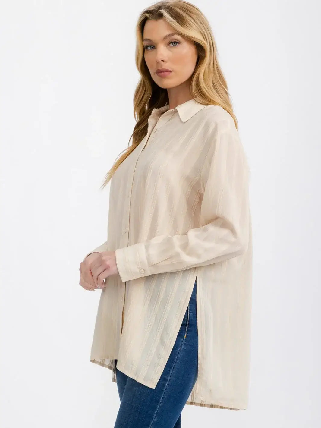 Beige oversized long sleeve button-up shirt in soft rayon blend with classic striped pattern