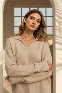 Prudence Sweater: Beige Oversized Hooded Boho Chic with Ribbed Details