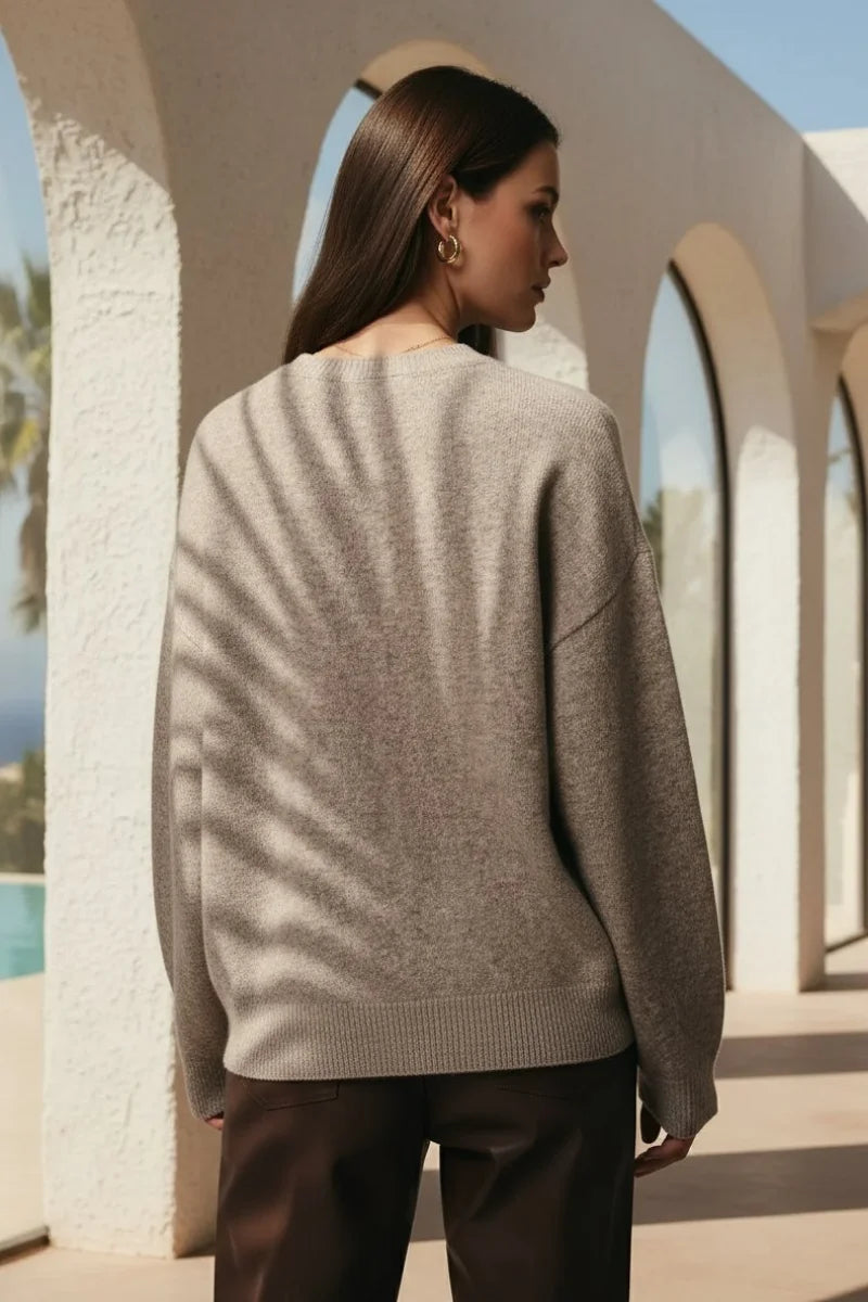 Sequin Christmas Trees Sweater in Beige Oversized V-Neck with Ribbed Details