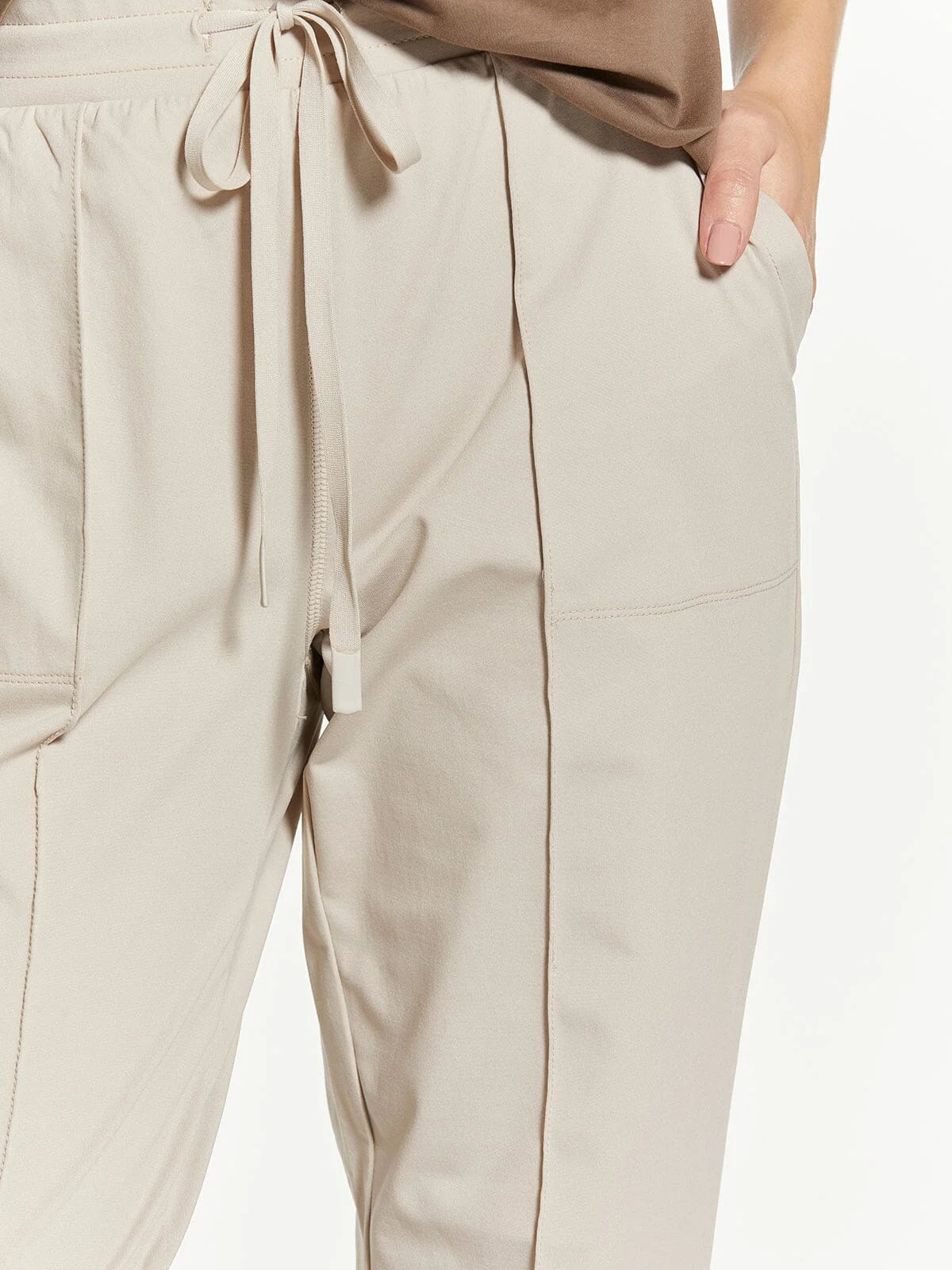 Beige Thread and Supply Paige pants with drawstring, side stripes, pockets