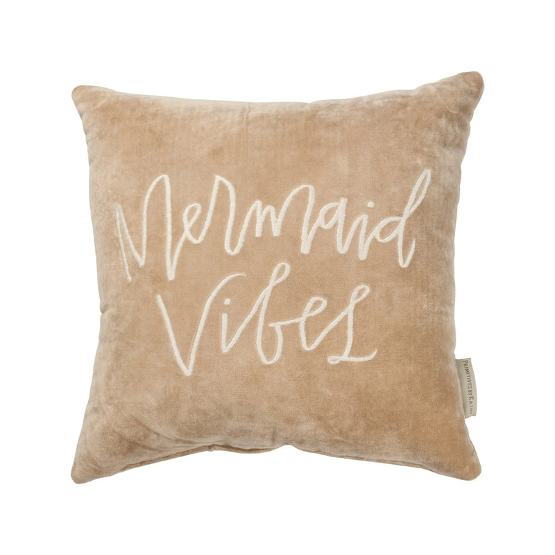 Beige Mermaid Vibes Velvet Pillow featuring stylish text design for home décor