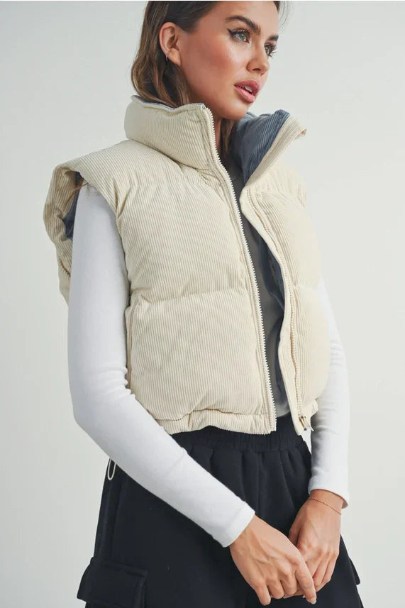 Fall Adoreme corduroy puffer vest in beige quilted design