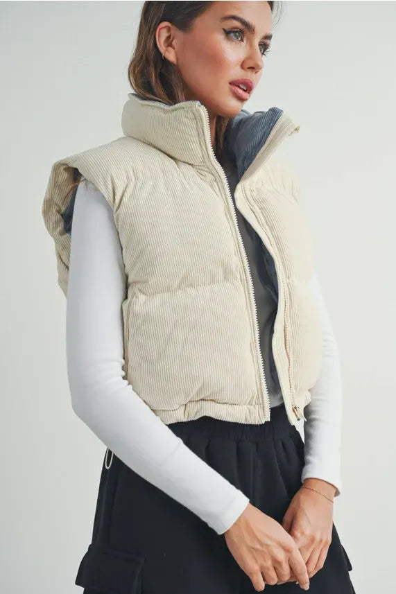 Fall Adoreme corduroy puffer vest in beige quilted design