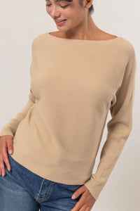 Beige ribbed long sleeve sweater with boat neck and long sleeves for a stylish look