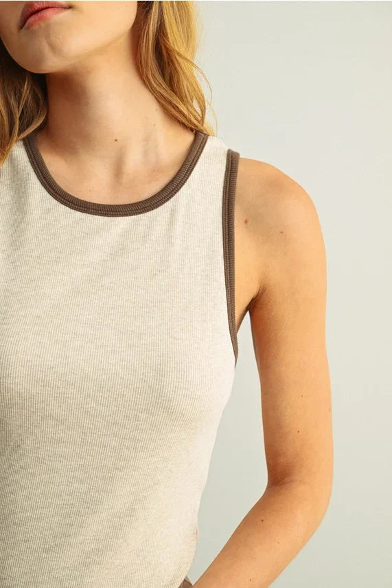 Beige ribbed knit color contrasted tank top with brown trim