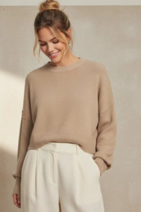 Beige ribbed oversized cropped boxy sweater with long sleeves