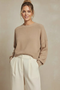 Beige ribbed oversized cropped boxy sweater with relaxed fit and long sleeves