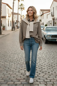 Beige fringed cotton scarf with layered knit sleeves top