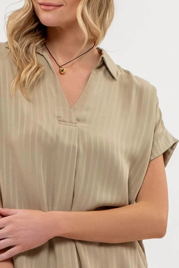 Beige striped collared split neck blouse with short sleeves and V-neckline