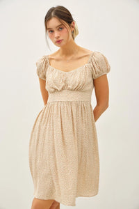 Beige floral print mini dress with puff sleeves and sweetheart neckline for women’s boho chic clothing