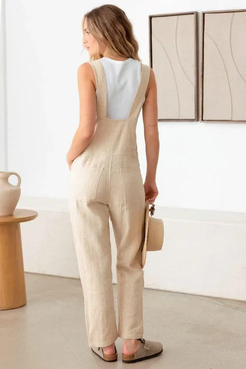 Beige sleeveless BUTTON DETAIL OVERALL JUMPSUIT with a white back panel for a boho look