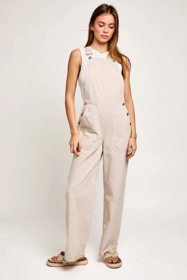 Wide Leg Boho Stripe Jumpsuit for Free Spirits White Tan Large