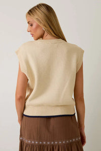 Crow neck sleeveless graphic sweater in beige with navy trim