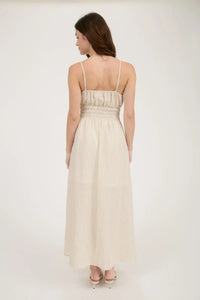 Beige midi dress with lace trim, ideal for women’s boho chic clothing