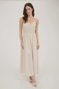 Beige midi dress with lace trim in women’s boho chic clothing style