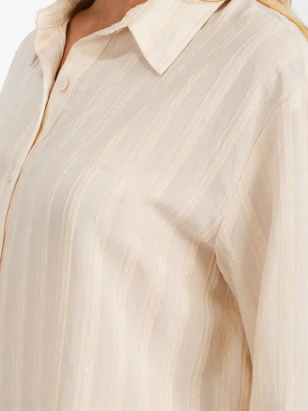 Beige striped long sleeve button-up shirt in soft rayon blend fabric for classic style