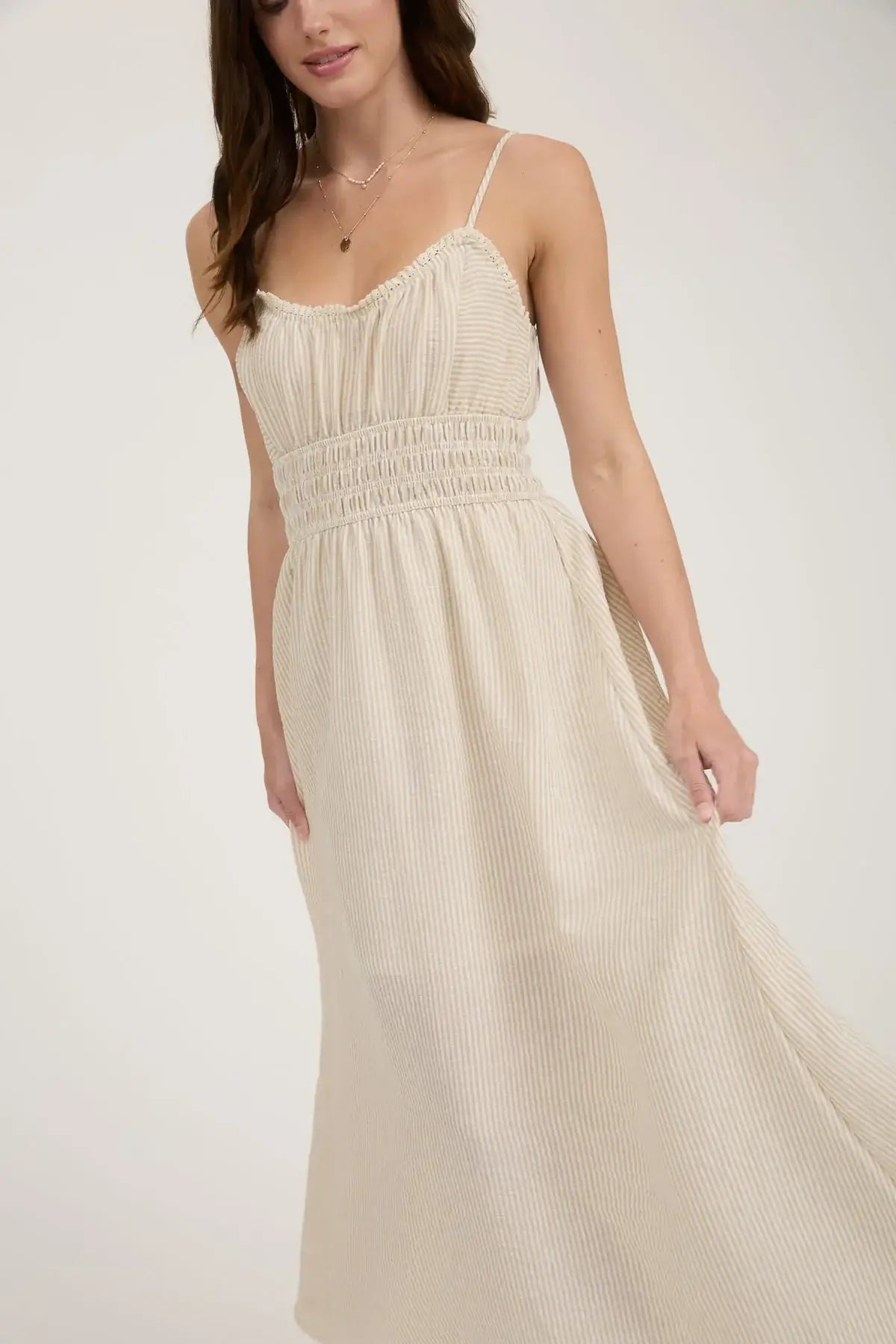 Beige striped midi dress with lace trim for women’s boho chic clothing style
