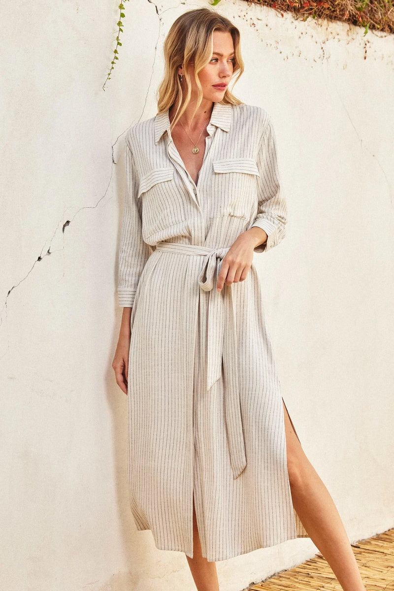 Beige striped maxi shirt dress with a belt and side slit for stylish versatility