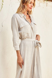 Beige striped shirt dress with a belt and collar from the MAXI SHIRT DRESS collection