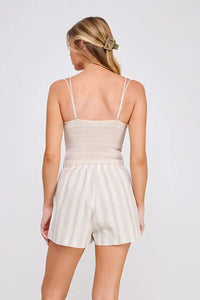 Beige striped shorts and top set with whimsical trim, part of Daisy Lane’s scallop edge bralette collection, featuring a flirty silhouette