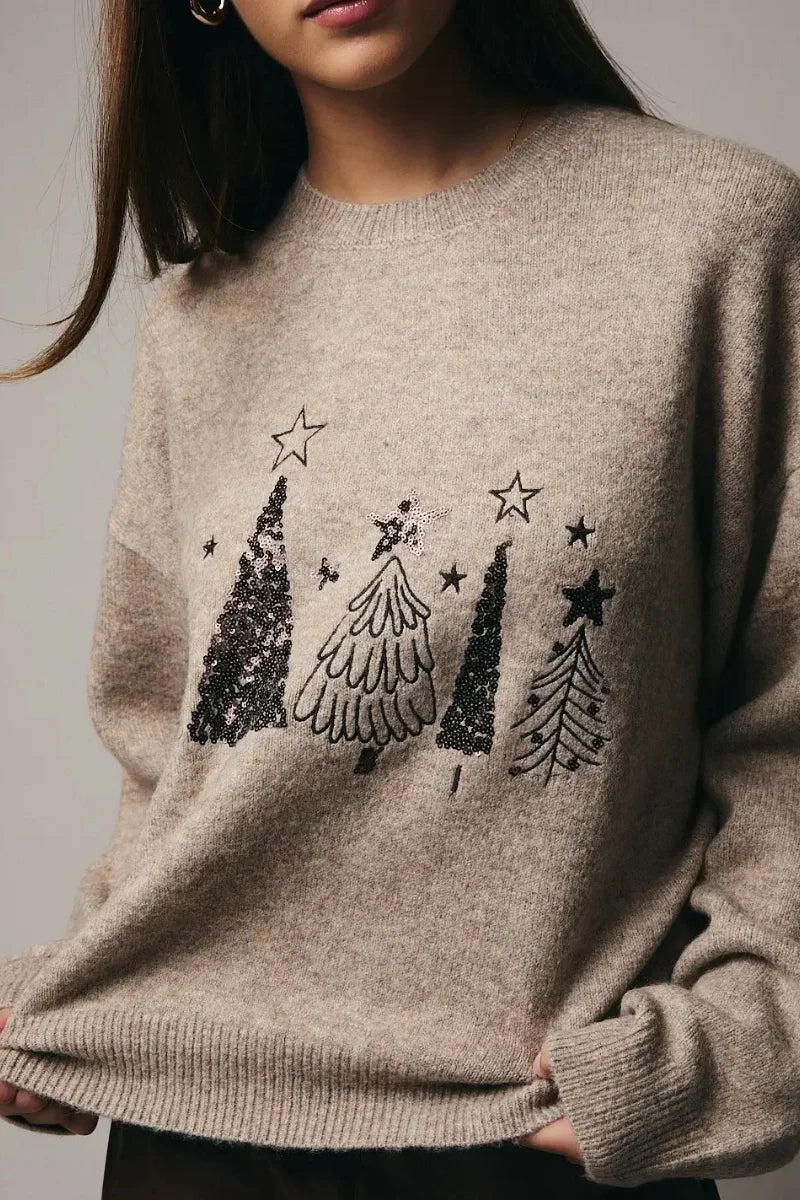 Sequin Christmas Trees Sweater in beige with black trees and stars