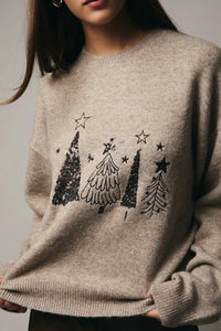 Sequin Christmas Trees Sweater in beige with black trees and stars