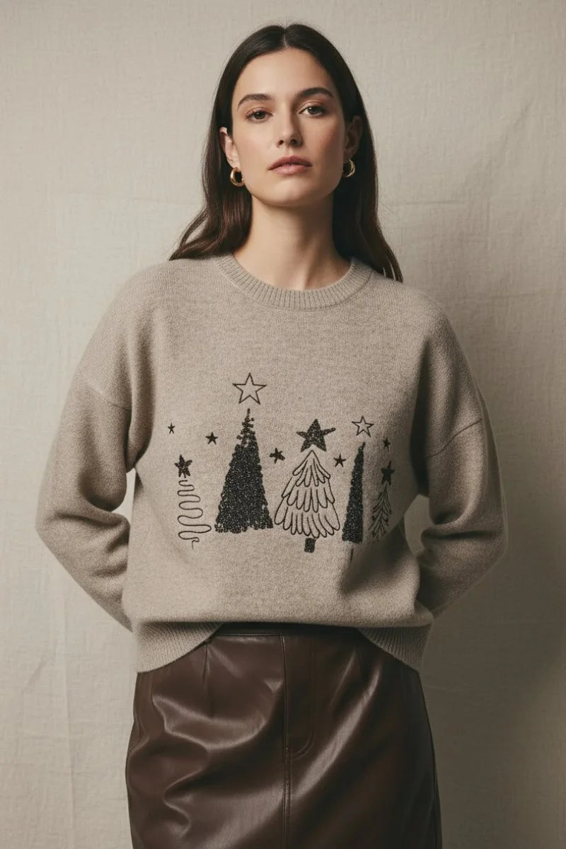 Sequin Christmas Trees Sweater in beige knit with stars