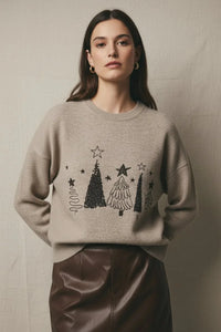 Sequin Christmas Trees Sweater in beige knit with stars