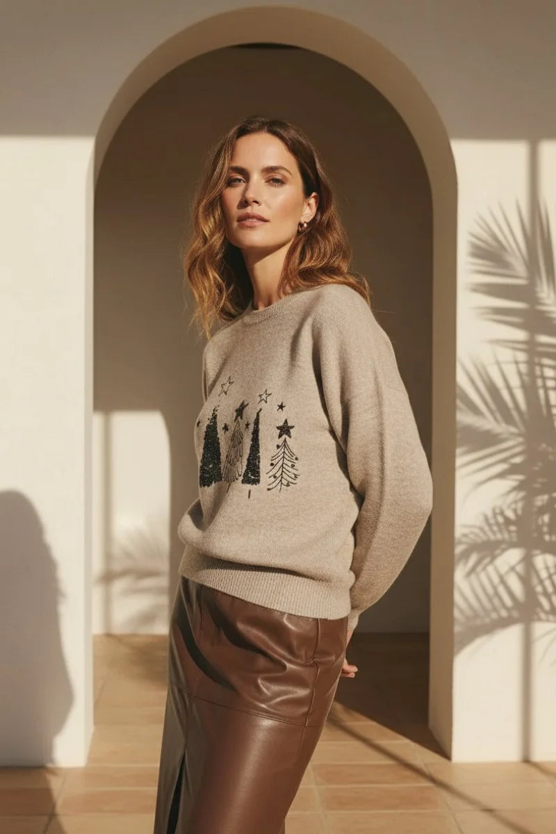 Sequin Christmas trees sweater with beige embroidery and faux leather pants
