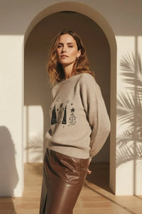 Sequin Christmas trees sweater with beige embroidery and faux leather pants