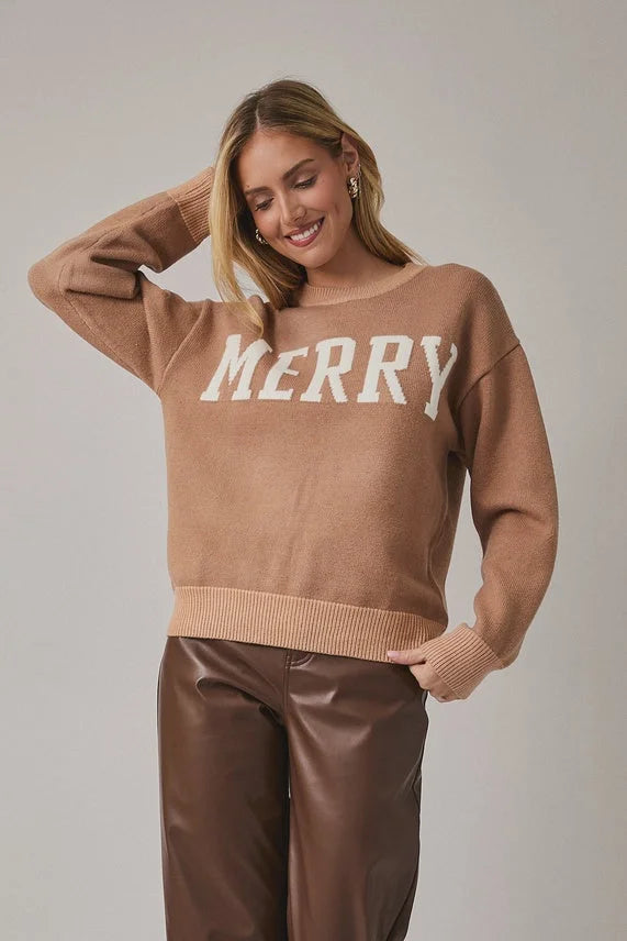 Beige crew neck long sleeve Merry sweater with white Merry text
