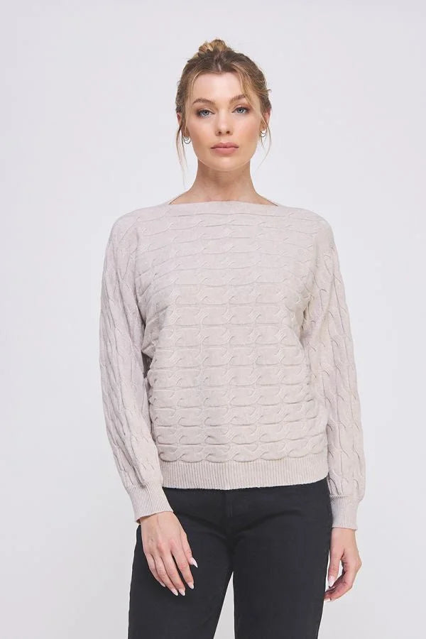 Beige long sleeve cable knit sweater with a crew neck and textured design