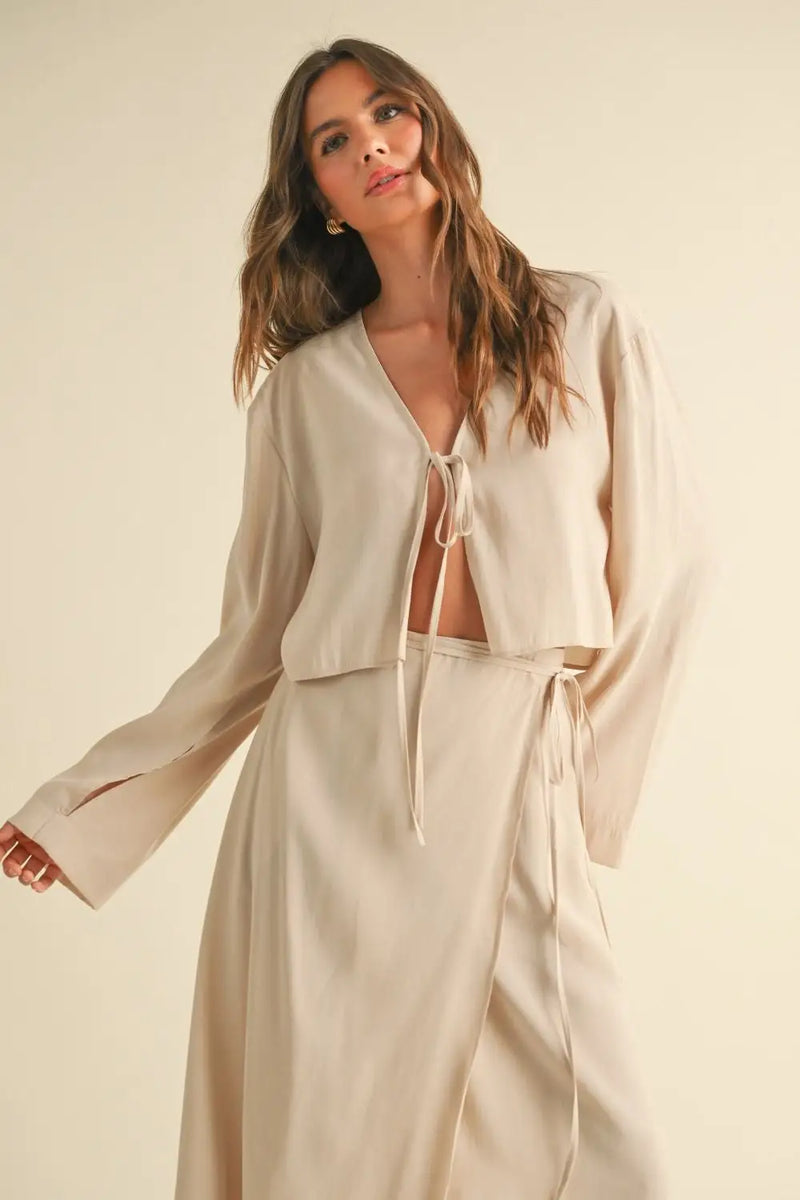 Beige tie-front top and wrap skirt set for women, stylish outfit for fashion-forward women